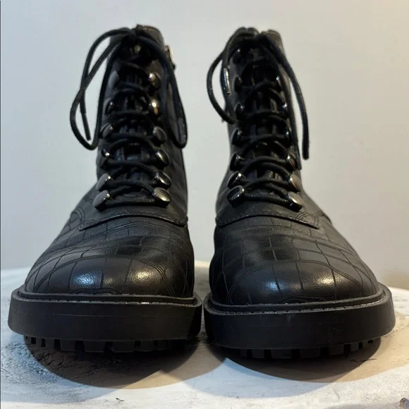 Black Lace Up Combat Style Snake / Croc Reptile Embossed Ankle Boots, size 8 - Picture 10 of 13